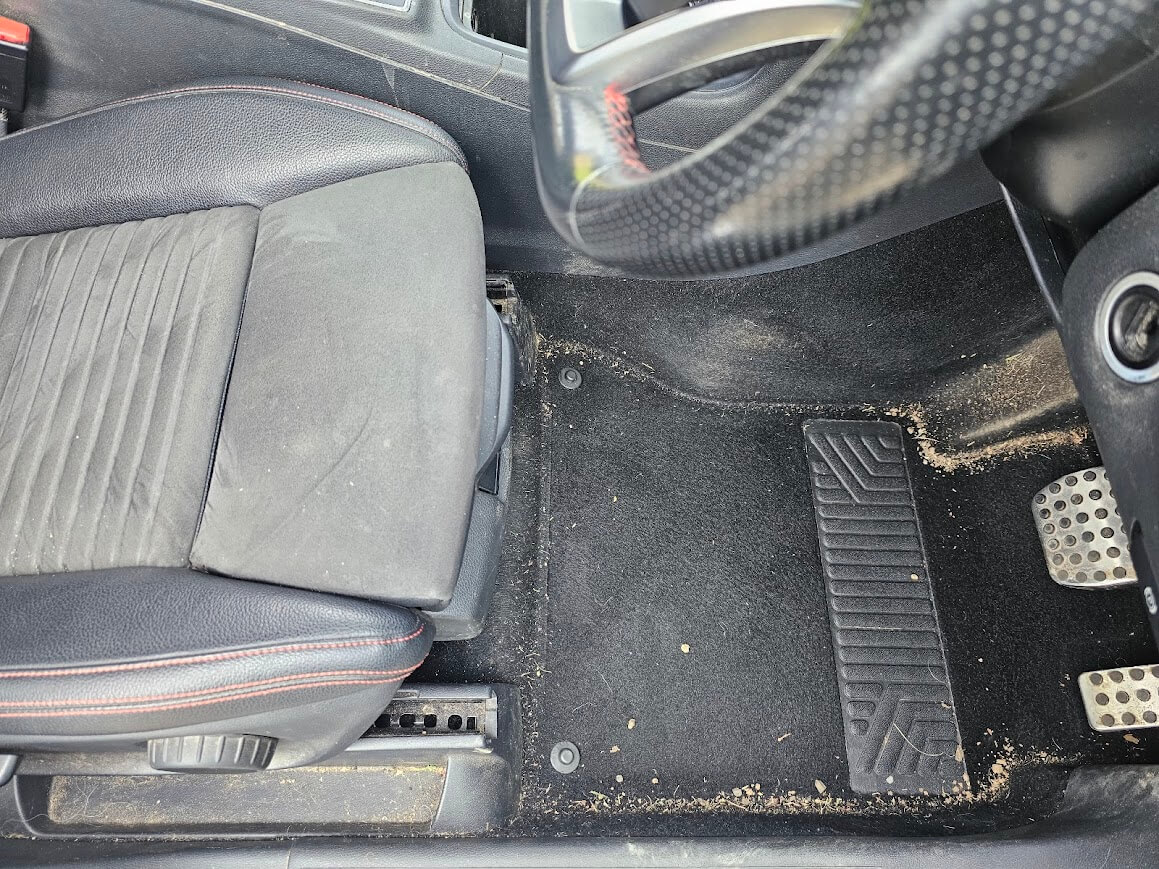 Mercedes B-Class footwell before detailing in Newmarket, Suffolk